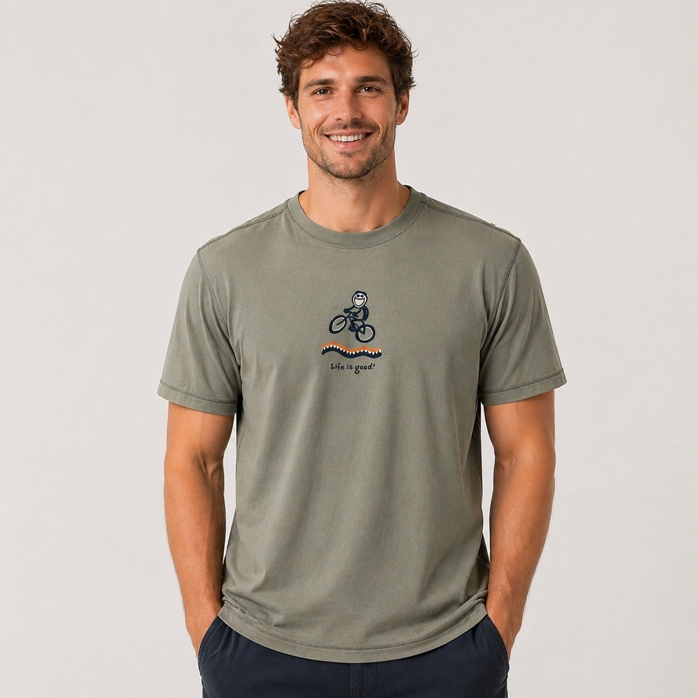 Life is Good T-Shirt Men Medium Sage Green Jake Mountain Bike Active Performance